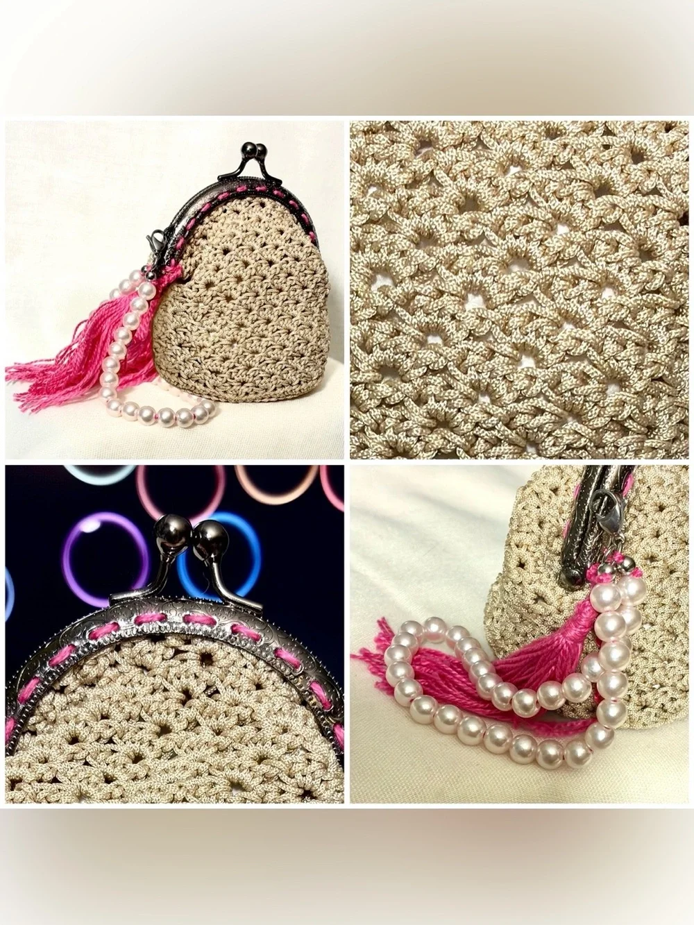 Champagne Crème Silk Crochet MD Sz Coin Purse w Pink Tassel & Pearl Wrist Strap
